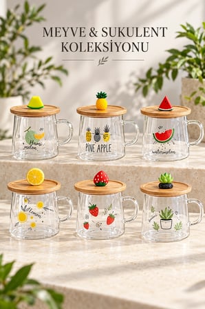 2li Bambu Kapaklı Avakado Meyve Figürlü Cam Bardak Baskılı Meşrubat Kupası Çay Bardağı 280 ml.