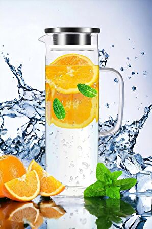 2'li Retro Cam Sürahi Kulplu Çelik Kapaklı Soğuk Sıcak Kokteyl Meşrubat Cam Sürahisi 1500 ml Seti
