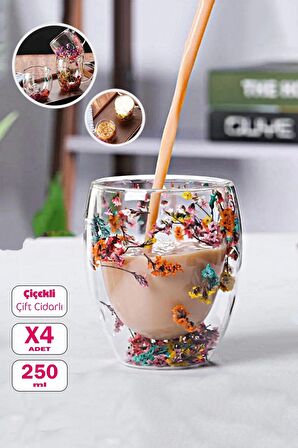 4'lü Çift Cidarlı Çiçekli Bardak 250ml El Yapımı Flower Cup Borosilikat Çay Kahve Sunum Bardağı