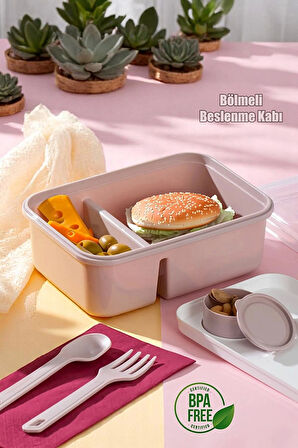 Tilbe Home Kendinden Kaşık Çatallı Sosluklu Bölmeli Beslenme Kabı - Taşınabilir Lunch Box Soft