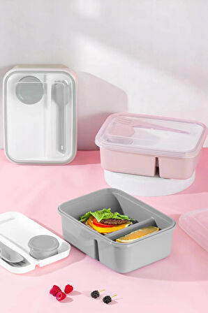 Tilbe Home Kendinden Kaşık Çatallı Sosluklu Bölmeli Beslenme Kabı - Taşınabilir Lunch Box Soft