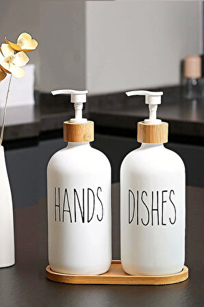 Hands Dishes 2’li Soft Beyaz Dekoratif Mutfak Banyo Sıvı Cam Sabunluk Seti 500ml Bambu Stantlı Set