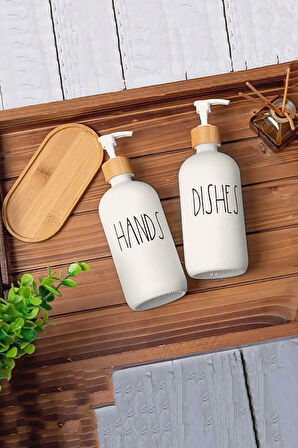 Hands Dishes 2’li Soft Beyaz Dekoratif Mutfak Banyo Sıvı Cam Sabunluk Seti 500ml Bambu Stantlı Set