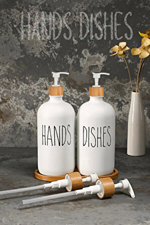 Hands Dishes 2’li Soft Beyaz Dekoratif Mutfak Banyo Sıvı Cam Sabunluk Seti 500ml Bambu Stantlı Set