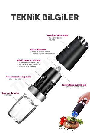 Gravity Otomatik Karabiber Tuz Değirmeni Seramik Bıçaklı Baharat Öğütücü LED Işıklı 5 Kademeli