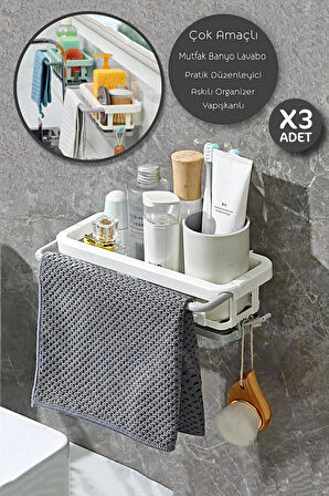 3lü Yapışkanlı Dolap İçi Düzenleyici Mutfak Banyo Lavabo Hazneli Organizer Bulaşıklık Sabunluk Seti