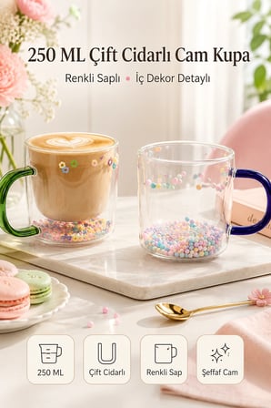 250 ml Çift Cidarlı Cam Kupa Renkli Saplı İç Dekor Şeffaf Kahve Çay Latte Sunum Bardağı 1 Adet