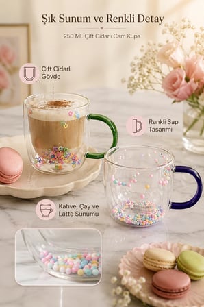 250 ml Çift Cidarlı Cam Kupa Renkli Saplı İç Dekor Şeffaf Kahve Çay Latte Sunum Bardağı 1 Adet