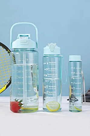 3'lü Motivasyonel Sporcu Su Şişesi Tritan Suluk Su Matarası Stickerlı Pipetli Suluk 2000+900+500ml