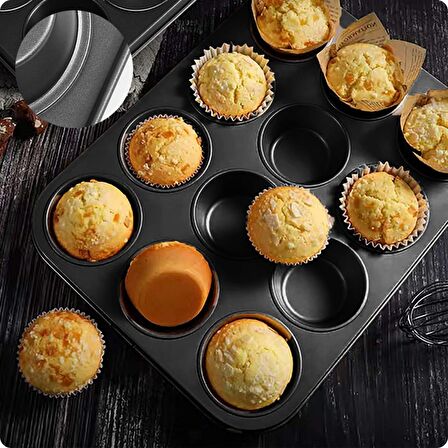 Cupcake Muffin Kalıbı Kek Yanmaz Yapışmaz 12’li Fırın Çörek Tepsisi Teflon Paslanmaz Karbon Siyah