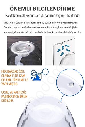 6'lı Çift Cidarlı Çiçekli Borosilikat Cam Bardak Kulplu Flower Kahve Sunum Meşrubat Bardağı 250ml