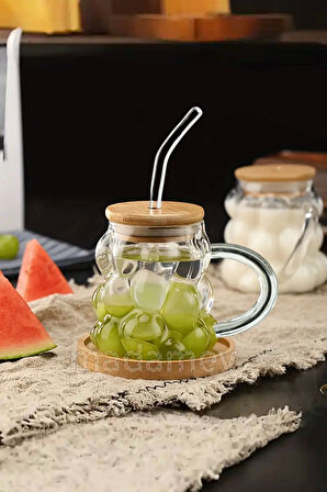 6'lı Üzüm Tanesi Bambu Kapaklı Boncuk Bardak 350 ml Isıya Dayanıklı Cam Pipetli Kahve Sunum Bardağı