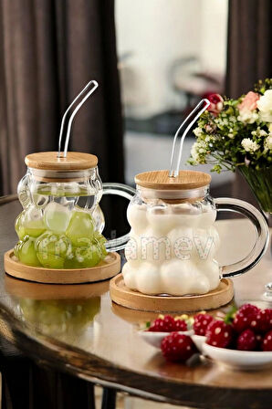 6'lı Üzüm Tanesi Bambu Kapaklı Boncuk Bardak 350 ml Isıya Dayanıklı Cam Pipetli Kahve Sunum Bardağı