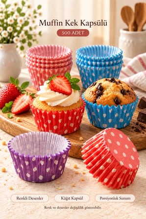 500 Adet Kağıt Kek Kapsülü Desenli Puantiyeli Muffin Kalıbı Cupcake Tek Kullanımlık Tatlı Sunum Kab