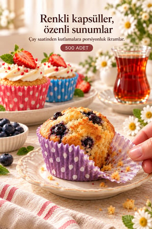 500 Adet Kağıt Kek Kapsülü Desenli Puantiyeli Muffin Kalıbı Cupcake Tek Kullanımlık Tatlı Sunum Kab
