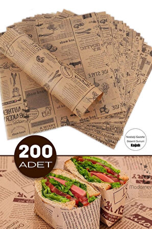200lü Breakfast Desenli Yağlı Kağıt Vintage Gazete Desen Aparatif Kağıdı Mutfak Servis Sunum Kağıdı