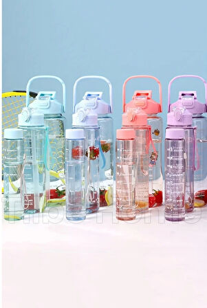 3lü Motivasyonel Su Matarası Stickerlı Pipetli Taşınabilir Sızdırmaz Su Şişesi Soft Green Matarası