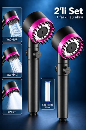 2li Duş Başlığı 3 Mod Filtreli Yüksek Basınçlı Silikon Masaj Uçlu Yağmur Sprey Tazik Stop Tuşlu Mor