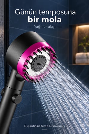 2li Duş Başlığı 3 Mod Filtreli Yüksek Basınçlı Silikon Masaj Uçlu Yağmur Sprey Tazik Stop Tuşlu Mor