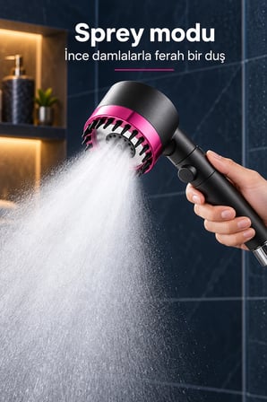 2li Duş Başlığı 3 Mod Filtreli Yüksek Basınçlı Silikon Masaj Uçlu Yağmur Sprey Tazik Stop Tuşlu Mor