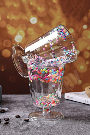 Madamev 4'lü Çift Cidarlı Yıldızlı Ayaklı Retro Bardak Magnolya Sunum Kasesi ve Pipetli Kahve Bardağı 350ml