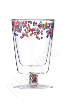 Madamev 4'lü Çift Cidarlı Yıldızlı Ayaklı Retro Bardak Magnolya Sunum Kasesi ve Pipetli Kahve Bardağı 350ml