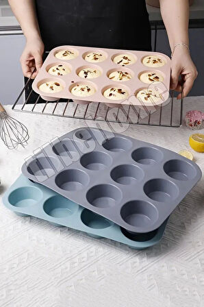 Tilbe Home 12'li Silikon Muffin Kalıbı Kurabiye Tatlı Cupcake Kek Kalıbı Yapışmaz Gıdaya Uygun Pişirme Kapsülü