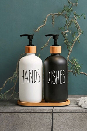 Hands Dishes 2’li Siyah Beyaz Dekoratif Mutfak Banyo Sıvı Cam Sabunluk Seti 500ml Bambu Stantlı Set