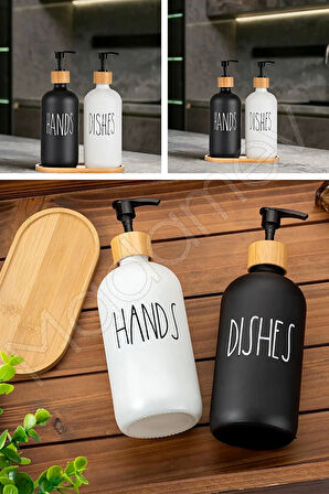 Hands Dishes 2’li Siyah Beyaz Dekoratif Mutfak Banyo Sıvı Cam Sabunluk Seti 500ml Bambu Stantlı Set