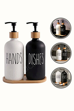 Hands Dishes 2’li Siyah Beyaz Dekoratif Mutfak Banyo Sıvı Cam Sabunluk Seti 500ml Bambu Stantlı Set