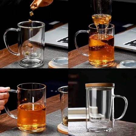 Tilbe Home 2’li Cam Süzgeçli Bambu Kapaklı Borosilikat Kupa 400 ml Kulplu Bitki Çayı Demleme ve Sunum Bardağı