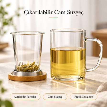 Tilbe Home 2’li Cam Süzgeçli Bambu Kapaklı Borosilikat Kupa 400 ml Kulplu Bitki Çayı Demleme ve Sunum Bardağı