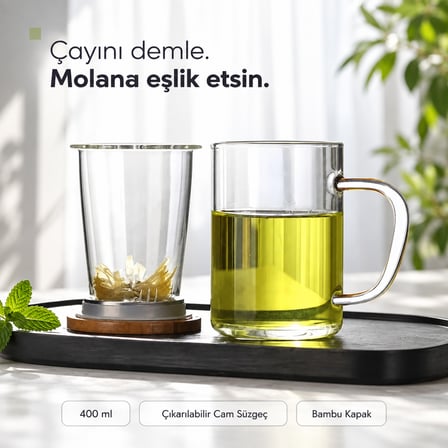 Tilbe Home 2’li Cam Süzgeçli Bambu Kapaklı Borosilikat Kupa 400 ml Kulplu Bitki Çayı Demleme ve Sunum Bardağı