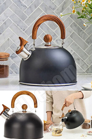 Tilbe Home 3 Litre Düdüklü Çaydanlık Ahşap İskandinav Su Isıtıcı Islık Çalan Çaydanlık Kettle Demlik Çay Potu