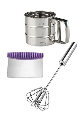 Un Eleği Kakao Pudra Eleme + Çelik Yumurta Çırpıcı Mikser Karıştırıcı + Hamur Kesici Spatula
