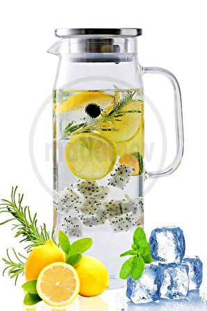 Borosilikat Cam Sürahi Kulplu Çelik Kapaklı Soğuk Sıcak Kokteyl Meşrubat Karaf Cam Sürahisi 1500 ml