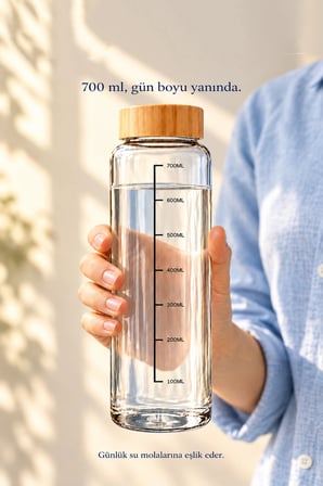 Bambu Kapaklı Cam Matara Sporcu Suluğu Taşınabilir Su Şişesi 700 ml Vakumlu Suluk
