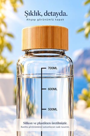 Bambu Kapaklı Cam Matara Sporcu Suluğu Taşınabilir Su Şişesi 700 ml Vakumlu Suluk