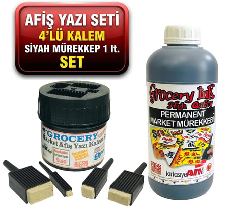 Grocery Market Kalemi 4 lü Set + Market Yazı Mürekkebi Siyah Renk