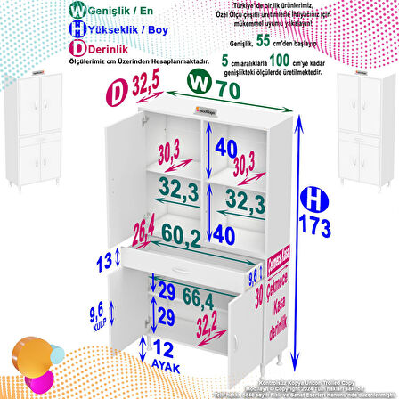 Modilayn AFRA 70x173x32,5 cm 1 Çekmece 3 Kapak 3 Raf 6 Bölme Çok Amaçlı Banyo & Mutfak Dolabı 