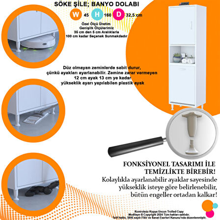 MODİLAYN SÖKE  ŞİLE 45 x 160 x 32,5 cm 3 Raflı 1 Kapaklı Kirli Çamaşır Bölmeli Banyo Dolabı