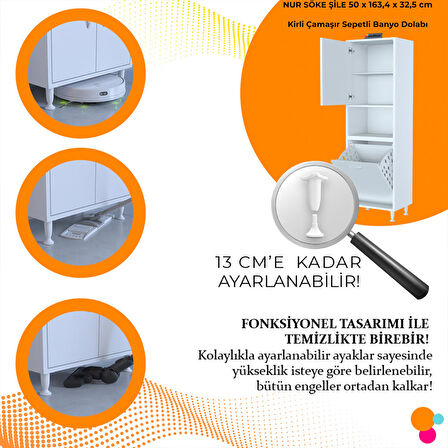 Modilayn NUR SÖKE ŞİLE 50 x 163,4 x 32,5 cm 2 Kapak 3 Bölmeli Kirli Çamaşır Sepetli Banyo Dolabı