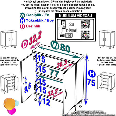 Modilayn SÖKE Küçük Alanlar İçin Mükemmel! 80 x 75 x 32,5 cm’ lik 2 Kapaklı 4 Göz Raflı, Dar banyolarda Bile Size Ekstra Depolama Alanı Sağlar.