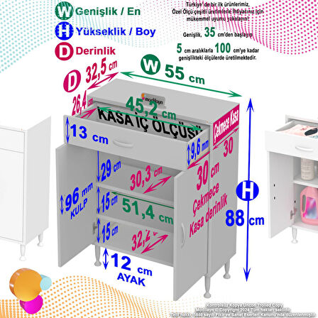 Modilayn EMİR 55 x 88 x 32,5 cm 1 Çekmece 2 Kapak 2 Raf 3 Bölme Çok Amaçlı Banyo & Mutfak Dolabı 