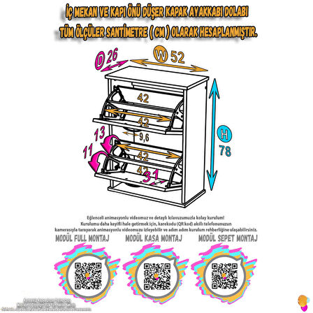 Modilayn UMAY Asma Kapı Önü 52x 78 x 26 cm’ lik 2 Düşer Kapak 4 Göz Bölmeli Ayakkabılık
