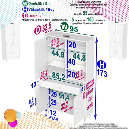 Modilayn YENİ AFRA 95 x 173 x 32,5 cm 1 Çekmece 4 Kapak 5 Raf 8 Bölme Çok Amaçlı Banyo & Mutfak Dolabı 