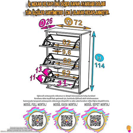 Modilayn VARBİ Asma Antre 72x 115x26 cm’lik 3 Düşer Kapak 6 Göz Bölmeli Ayakkabılık