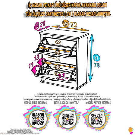 Modilayn UMAY Antre Hol 72x 78 x26 cm’ lik 2 Düşer Kapak 4 Göz Bölmeli Ayakkabılık