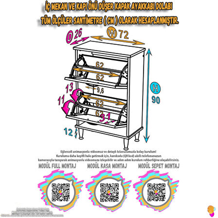 Modilayn UMAY Antre Hol 72x 90x 26 cm’ lik 2 Düşer Kapak 4 Göz Bölmeli Ayakkabılık
