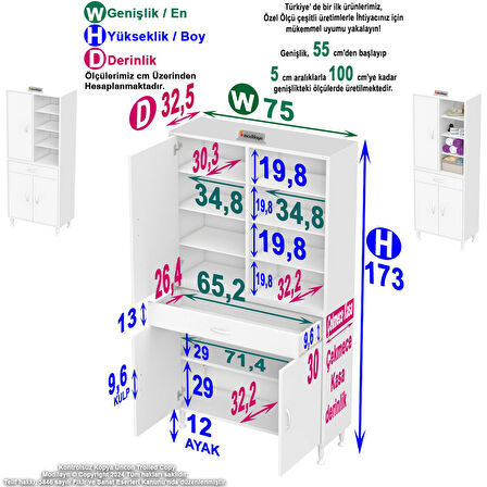 Modilayn AFRA 75x173x32,5 cm 1 Çekmece 3 Kapak 7 Raf 10 Bölme Çok Amaçlı Banyo & Mutfak Dolabı 